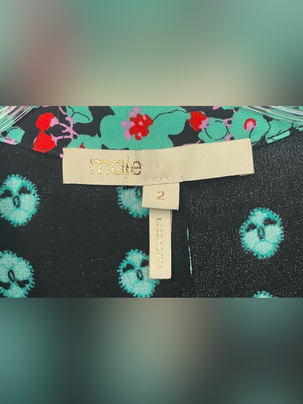 Maje Mini Dress US Sz Medium Black Green Romani Floral Print Short Sleeves Indie - Picture 4 of 6